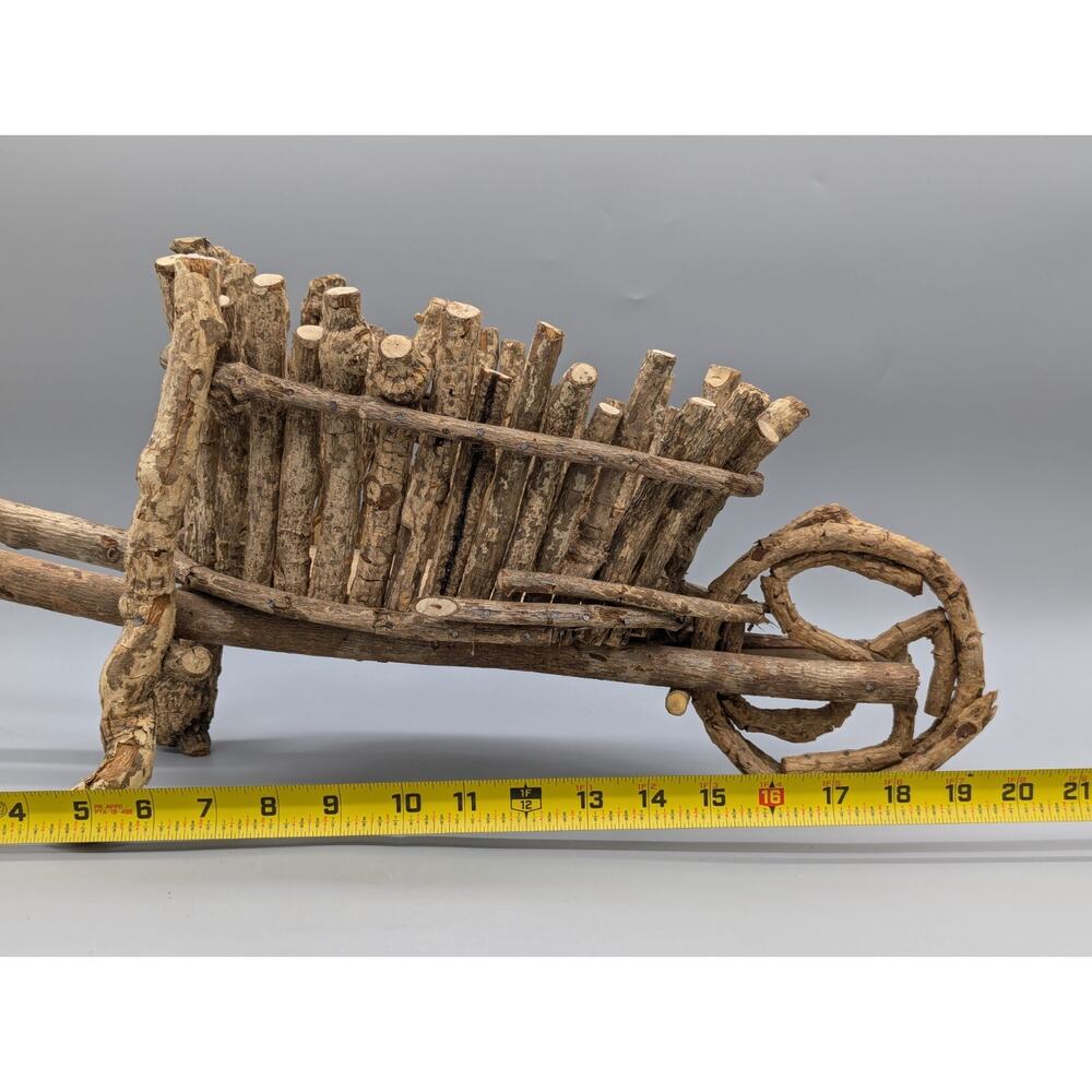 Vintage Hand Made Wood Working Driftwood Stick Logs Wheel Barrow 21" x 10" - Picture 9 of 13